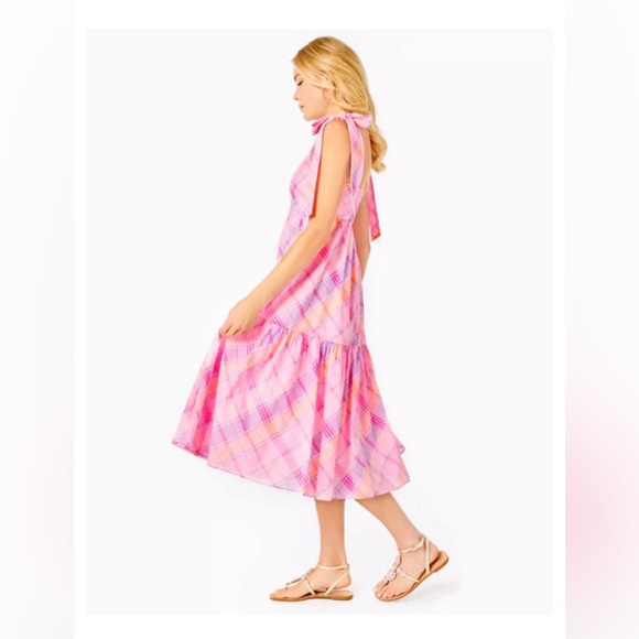 NWT Lilly Pulitzer Anlee Cotton Midi Dress Pink Isle Madras Plaid - Picture 5 of 7
